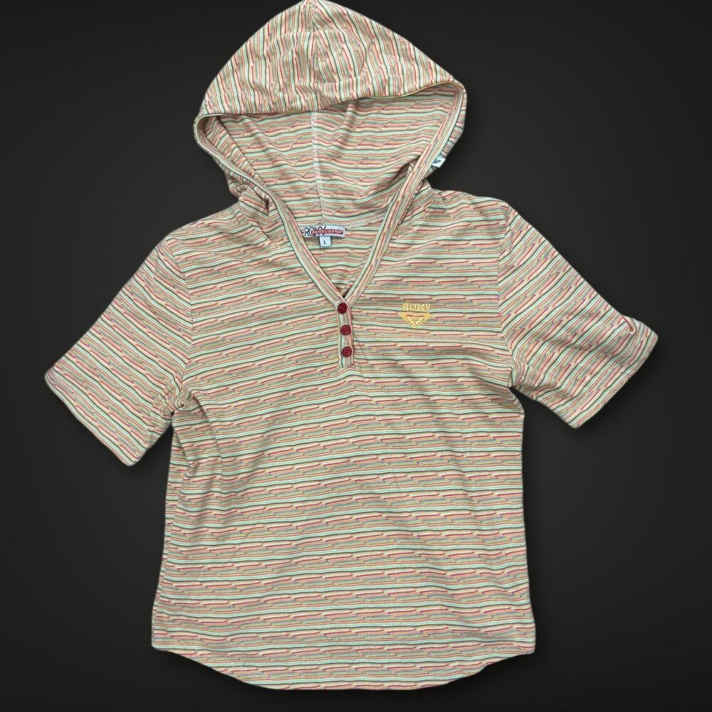 Y2K Roxy Quiksilver Hoodie Tee–Psychedelic Wavy Stripes–Surf Skate Style –Size L